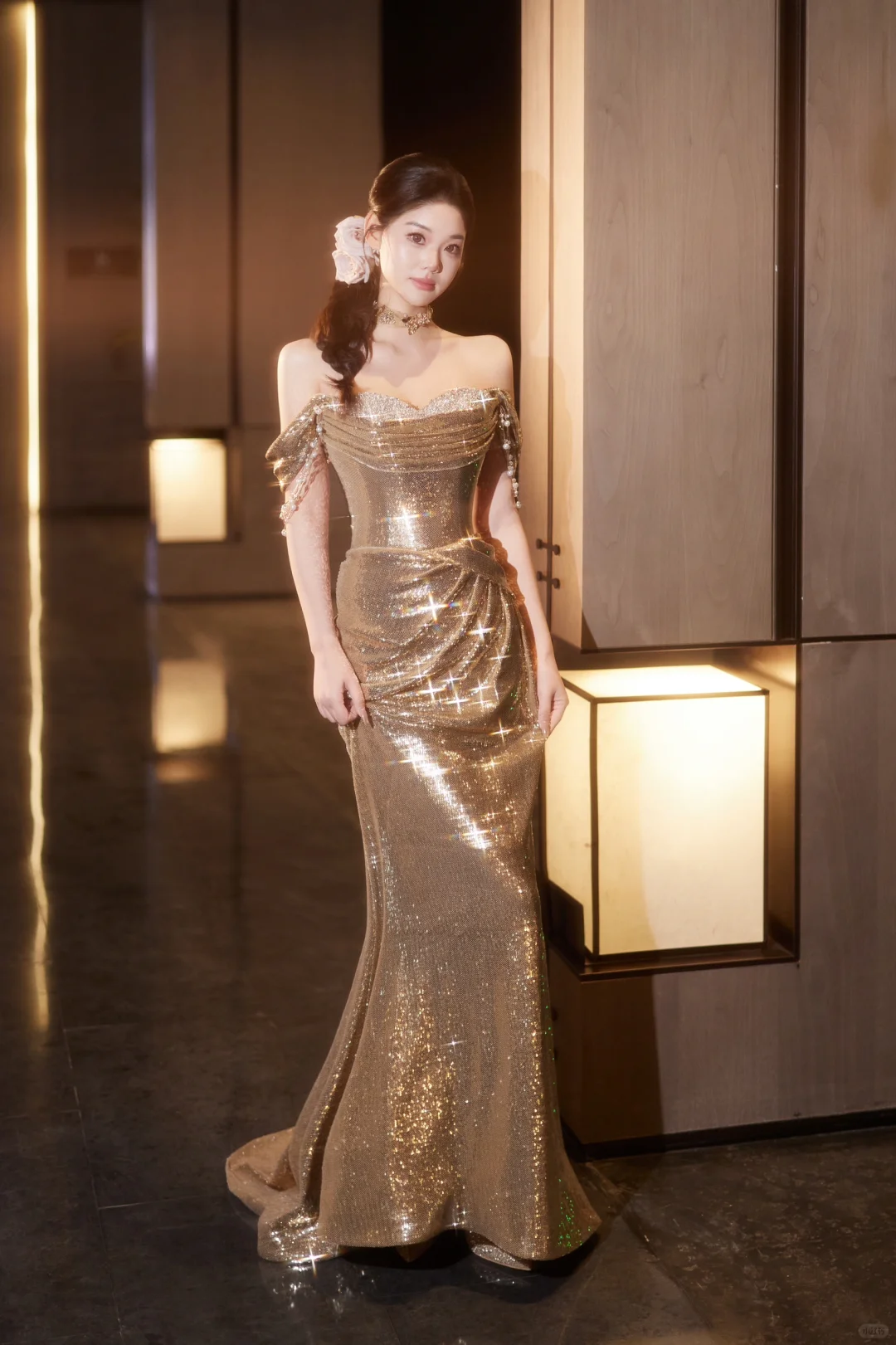 Robe de soirée longue style sirène à paillettes, épaules dénudées, couleur champagne doré, DP5512