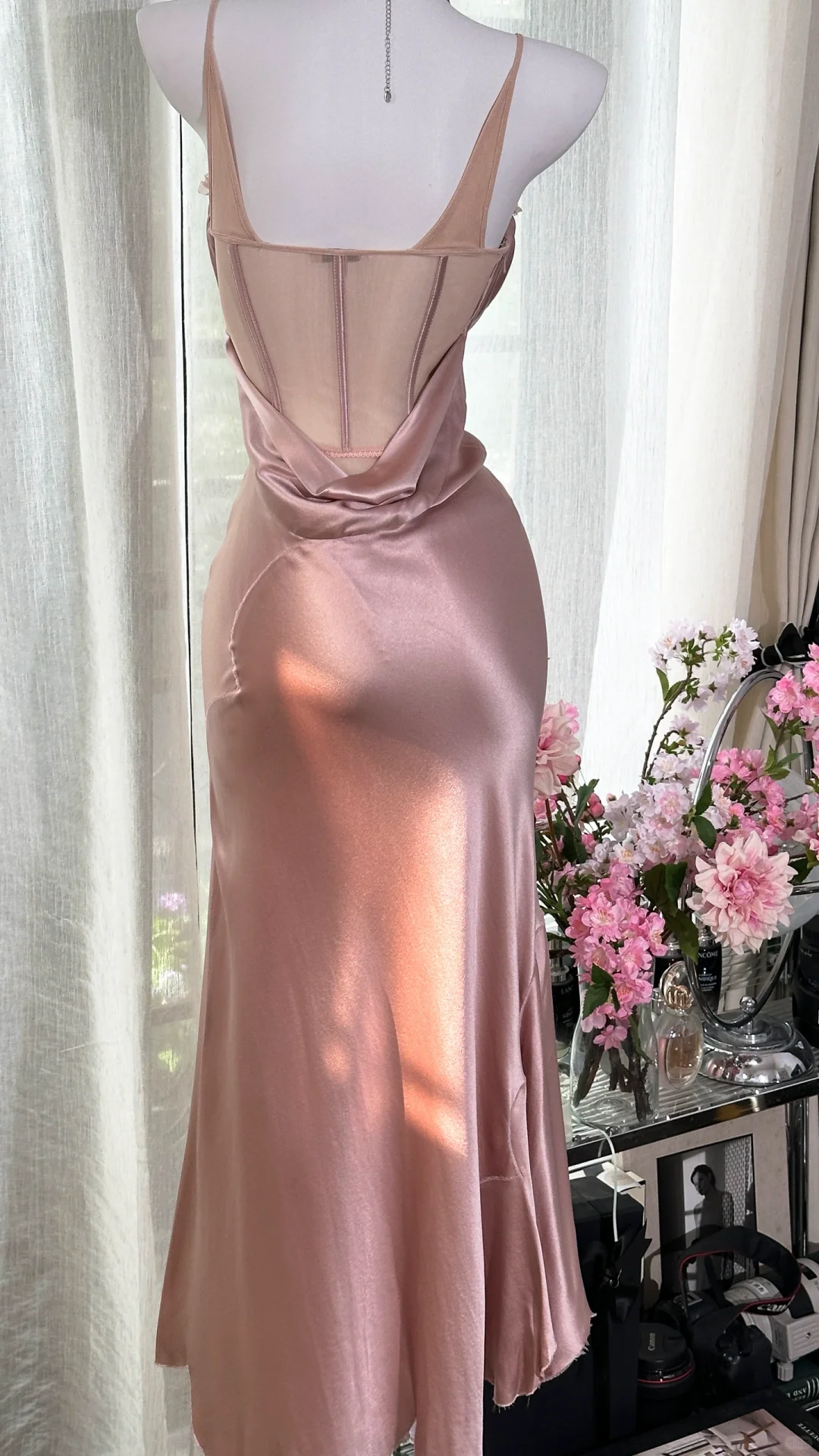 Vintage Pink Spaghetti Strap Mermaid Satin Prom Dress Evening Dress DP6363