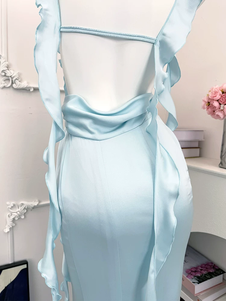 Vintage Light Blue Satin Cowl Neck Mermaid Ruffle Spaghetti Straps Ruched Prom Dress DP8569