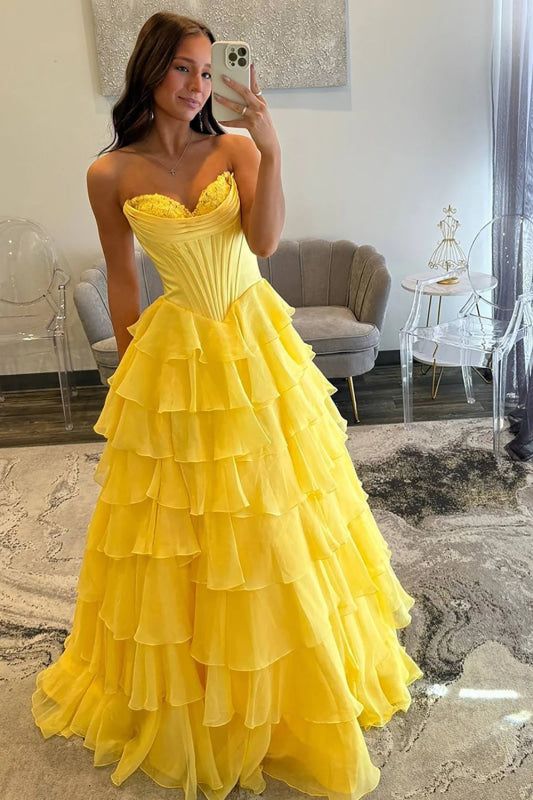 Elegant Strapless Sweetheart Tiered Evening Gown with High Slit DP7929