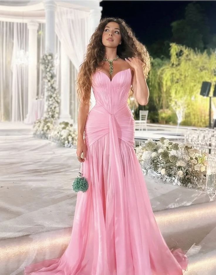Chic Pink Chiffon Prom Dress Sheath Sweetheart Evening Gown Strapless Pleated Party Dress Long Formal Dress DP6878