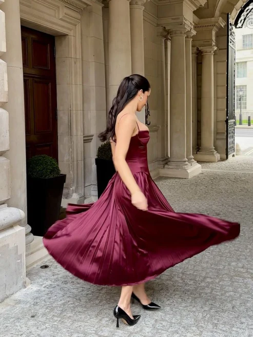 Burgundy Spaghetti Straps A-Line Long Party Dress Birthday Outfits, DP3334