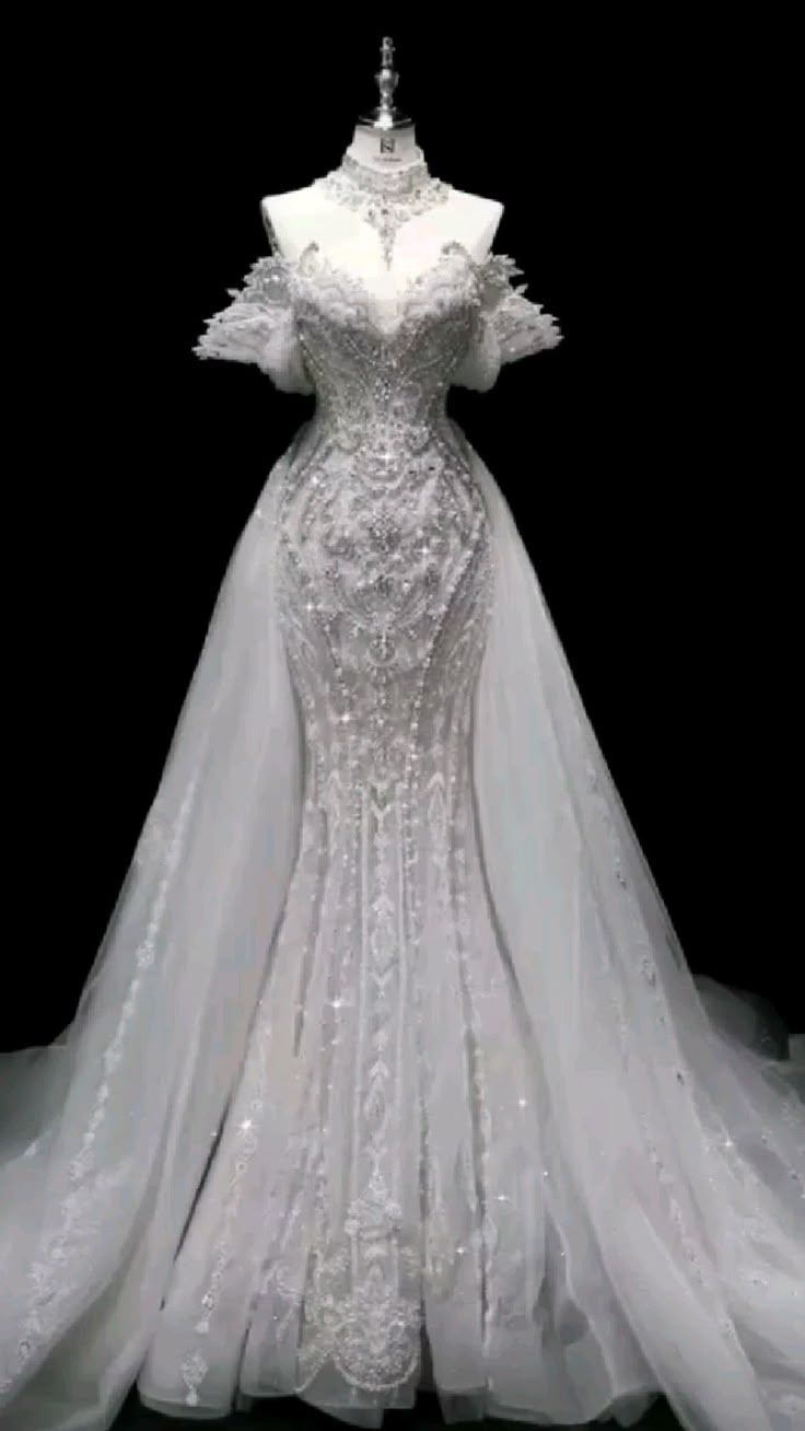 Elegant Beaded Off-Shoulder Mermaid Wedding Dress Detachable Tulle Train Bridal Gown DP7035