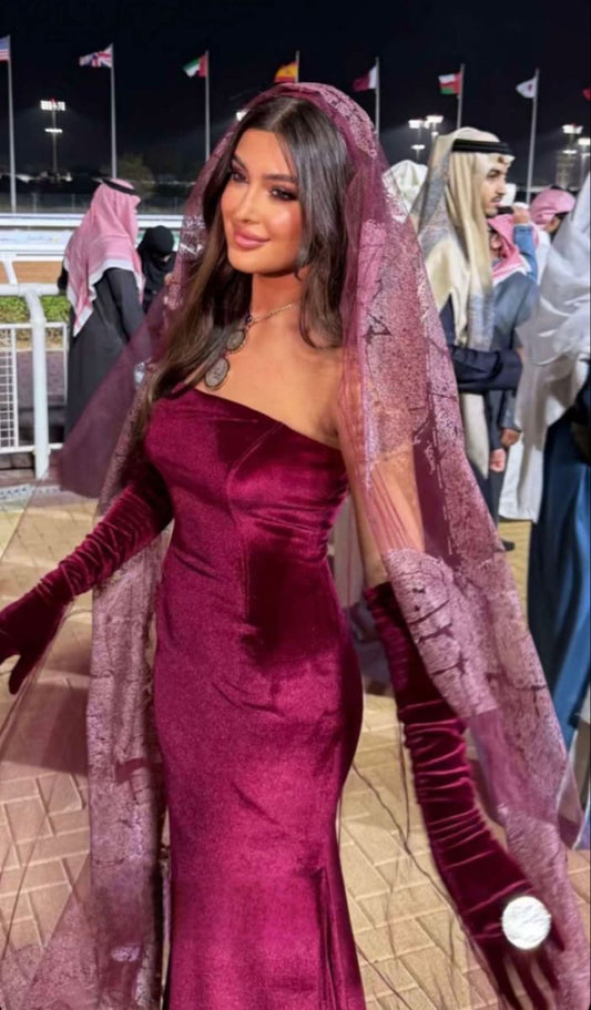 Chic Fuchsia Velvet Prom Dress Sheath Evening Gown Strapless Party Dress Long Formal Dress DP6877