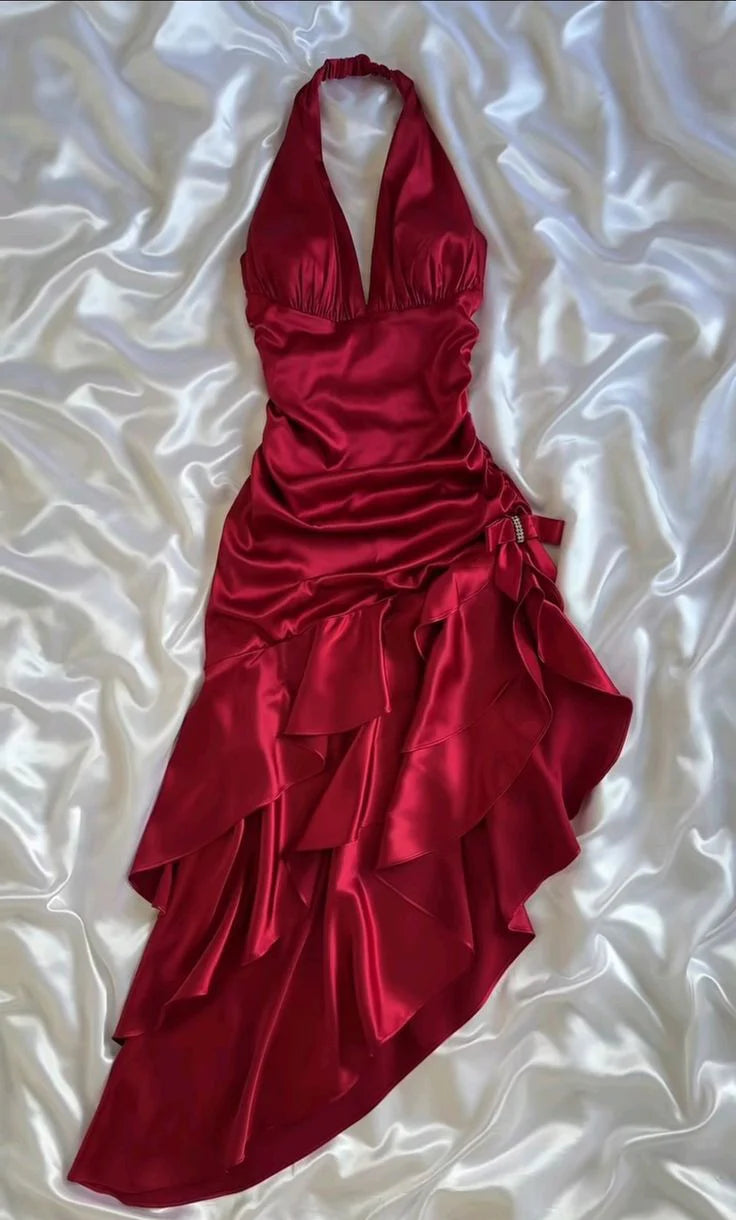 Vintage Hot Red Satin Prom Dress V-neck Ruffles Halter Dress Evening Dress A-Line Formal Dress, DP6567