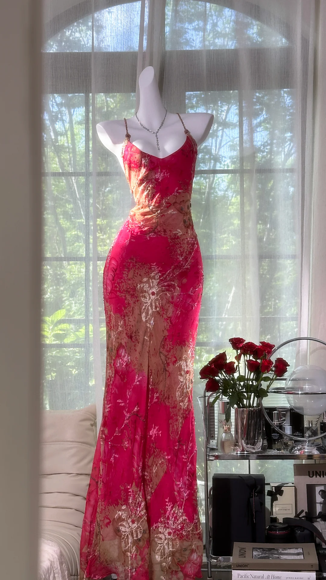 Vintage Red Floral Long Prom Dress Sheath Chiffon Spaghetti Strap Backless Formal Dress, DP6544