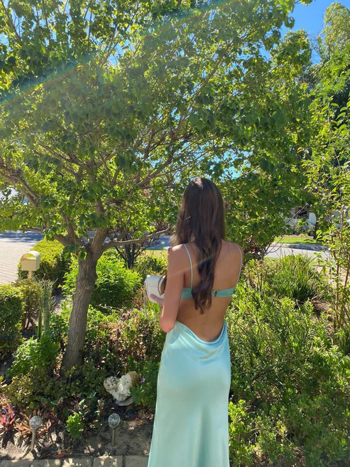 Blue Spaghetti Straps Simple Wedding Guest Dress Long Party Dress, DP3390