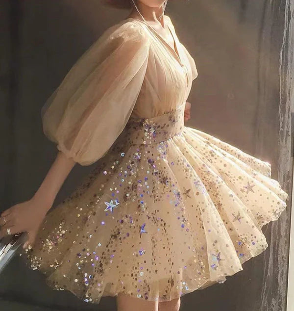 Chic Shiny Champagne Sequin Homecoming Dress V-neck Party Dress Short A-Line Cocktail Dress, DP6620