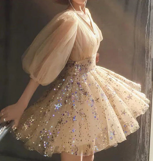 Schickes, glänzendes Champagner-Pailletten-Heimkehrkleid mit V-Ausschnitt, Partykleid, kurzes A-Linien-Cocktailkleid, DP6620