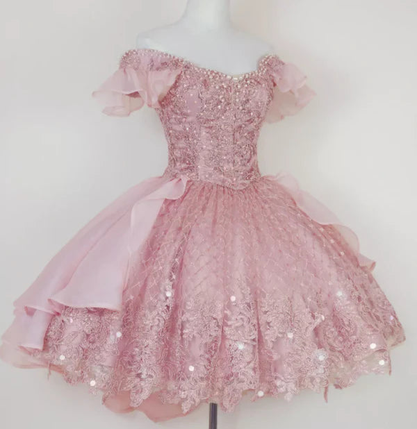 Vintage Shiny Pink Beaded Homecoming Dress Off-the-shoulder Party Dress Short A-Line Cocktail Dress DP6630