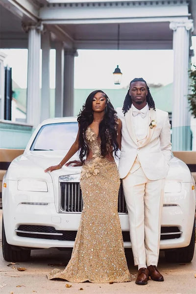 Chic Champagne Sheath Beaded Applique Prom Dress Evening Gown V-neck Party Dress Long Formal Dress DP6941