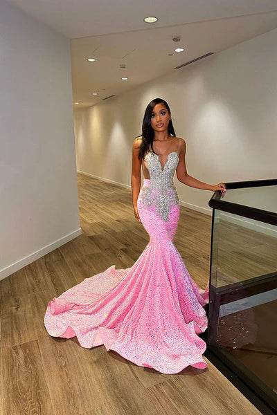 Robe de bal sirène rose vintage, robe de soirée longue à perles scintillantes, robe de soirée formelle DP6828