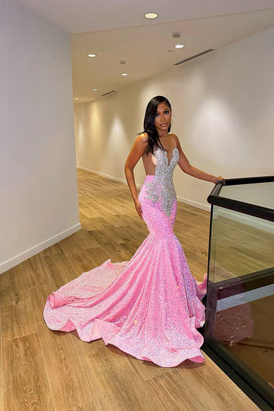 Robe de bal sirène rose vintage, robe de soirée longue à perles scintillantes, robe de soirée formelle DP6828