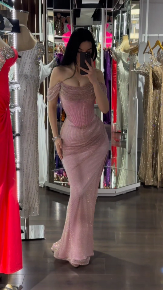 Rosa schulterfreies Meerjungfrau-Abendkleid, lang, DP3841