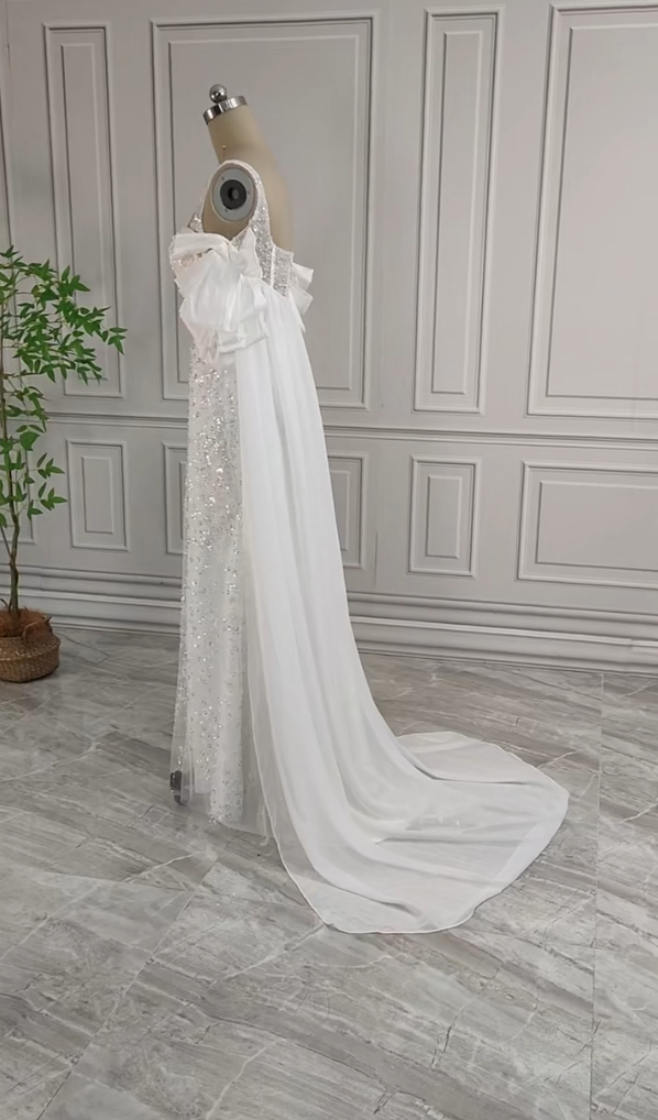 Wunderschönes weißes glitzerndes Pailletten-Perlen-Herzstück-A-Linie-langes Ballkleid Partykleid Abendkleid DP6496