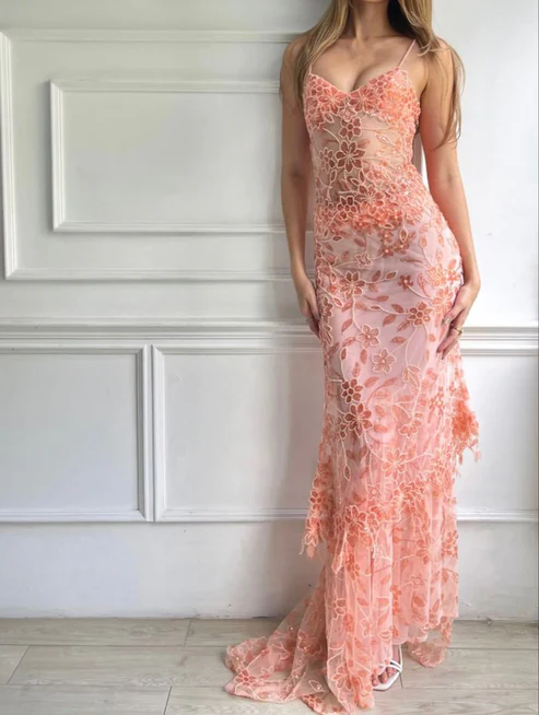 Red Spaghetti Straps Lace Beading Gorgeous Mermaid Evening Dress, DP2260