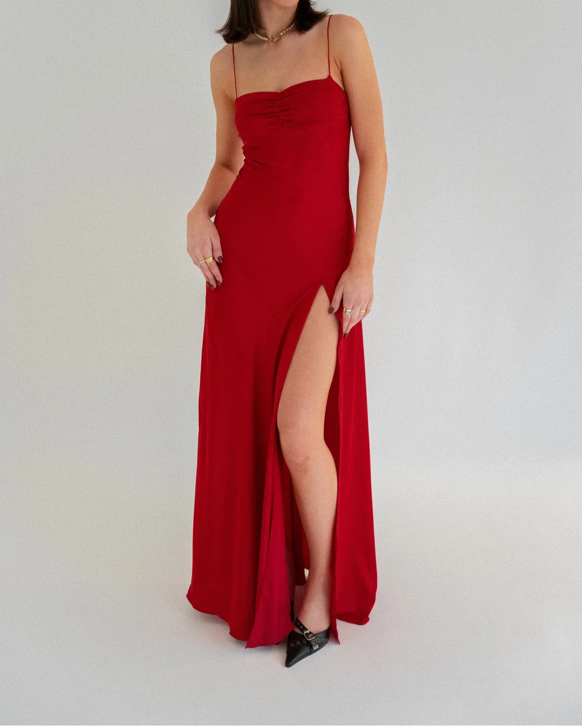 Charming Red Straps Satin Long Party Dress with Split, DP2759