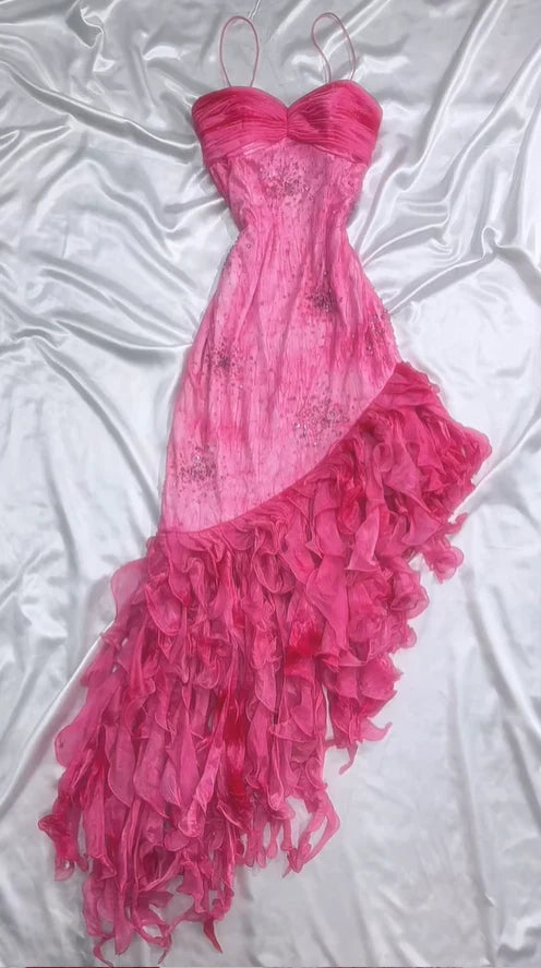 Vintage Hot Pink Sweetheart A-Linie Ballkleid Perlen Rüschen Chiffon Spaghettiträger Formales Kleid, DP6548