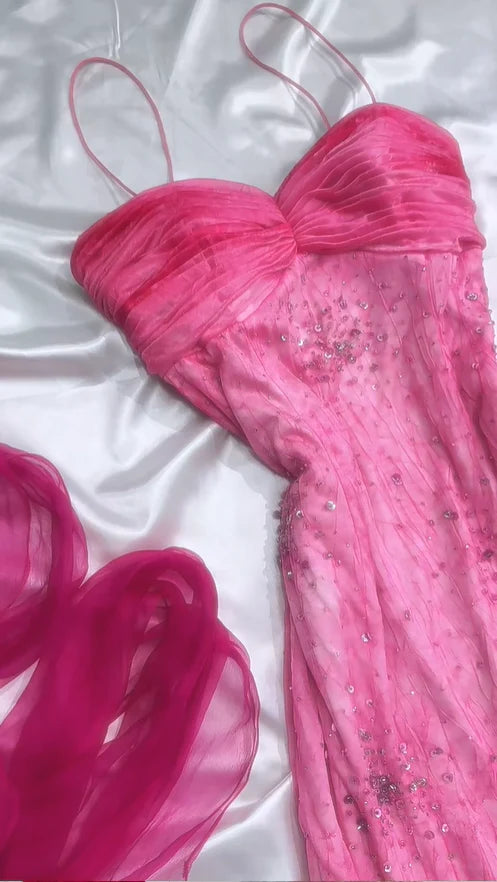 Vintage Hot Pink Sweetheart A-Linie Ballkleid Perlen Rüschen Chiffon Spaghettiträger Formales Kleid, DP6548