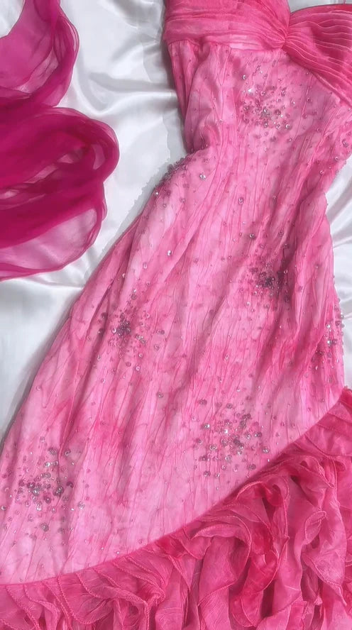 Vintage Hot Pink Sweetheart A-Linie Ballkleid Perlen Rüschen Chiffon Spaghettiträger Formales Kleid, DP6548