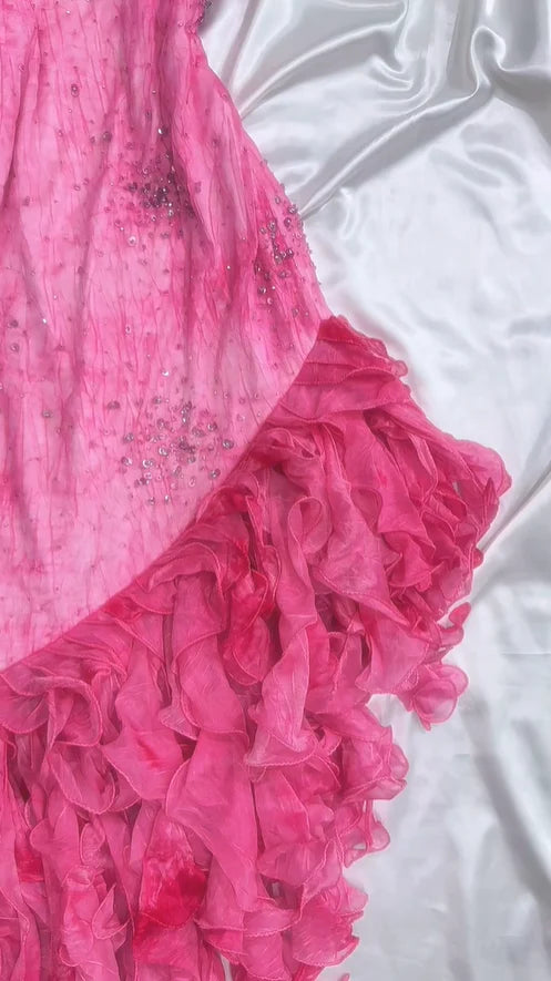 Vintage Hot Pink Sweetheart A-Linie Ballkleid Perlen Rüschen Chiffon Spaghettiträger Formales Kleid, DP6548
