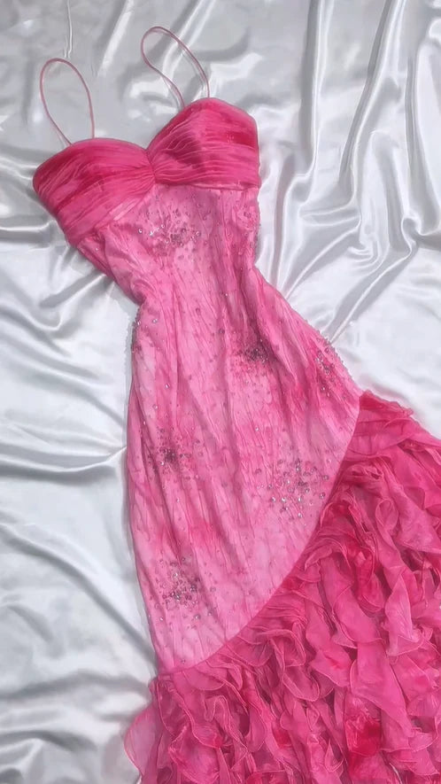 Vintage Hot Pink Sweetheart A-Linie Ballkleid Perlen Rüschen Chiffon Spaghettiträger Formales Kleid, DP6548