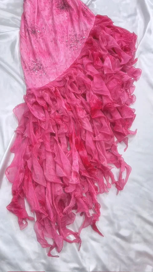 Vintage Hot Pink Sweetheart A-Linie Ballkleid Perlen Rüschen Chiffon Spaghettiträger Formales Kleid, DP6548
