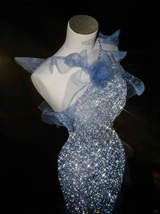 Blue Straps Ruffles Mermaid Beading Long Evening Dress Birthday Outfits, DP5091