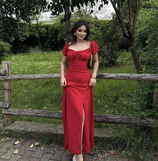 Charming Red A-Line Long Party Dresses Wedding Guest Dresses, DP5715