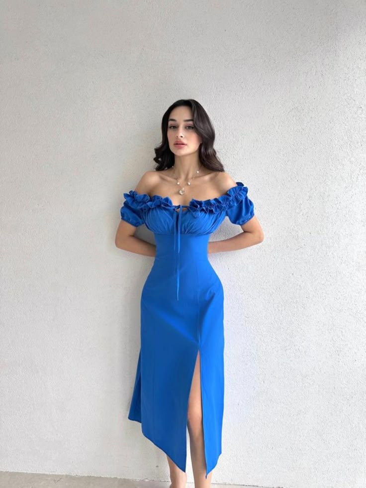 Elegant Royal Blue Off-the-Shoulder Ruffled Midi High Slit Satin Party DSProm Elegant Royal Blue Off-the-Shoulder Ruffled Midi High Slit Satin Party DSProm