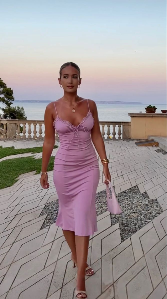 Lilac Spaghetti Straps Midi Length Party Drseses Wedding Guest Dresses, DP5718