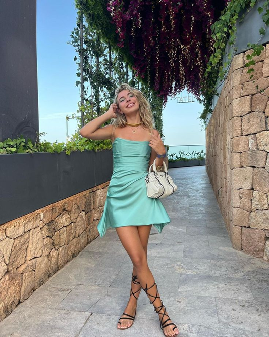 Blue Strapless A-Line Satin Short Party Dresses Cute Homecoming Dresses, DP5724