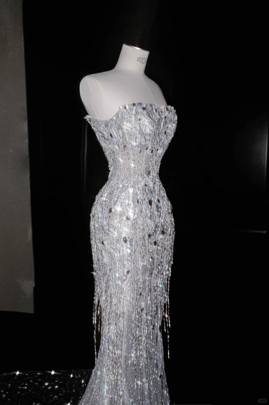 Glitter Strapless Mermaid Beading Tassel Long Evening Dress Birthday Outfits, DP5093