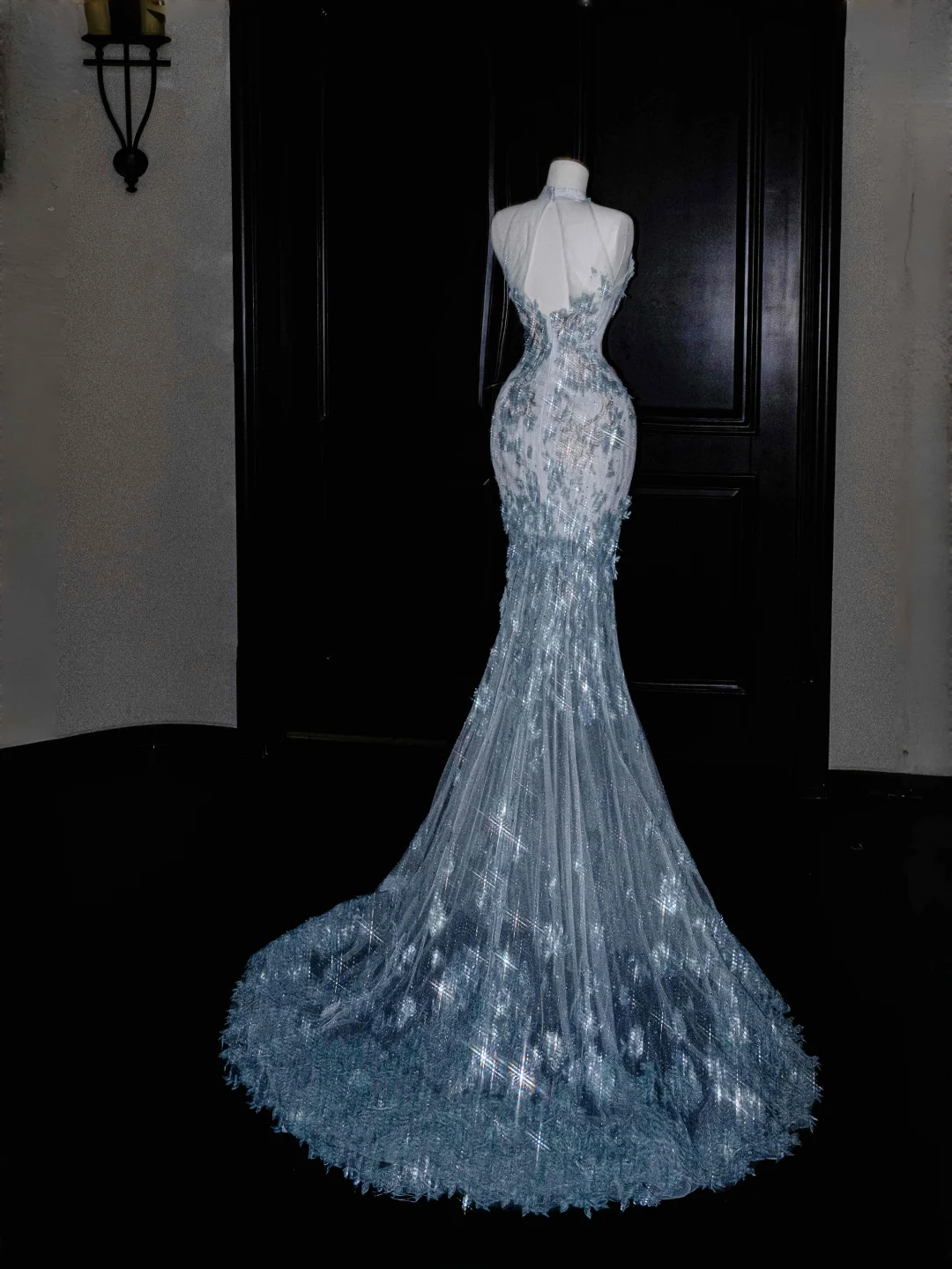 Robe de soirée longue bleue sans manches, style sirène, avec perles appliquées, tenue d'anniversaire, DP5094