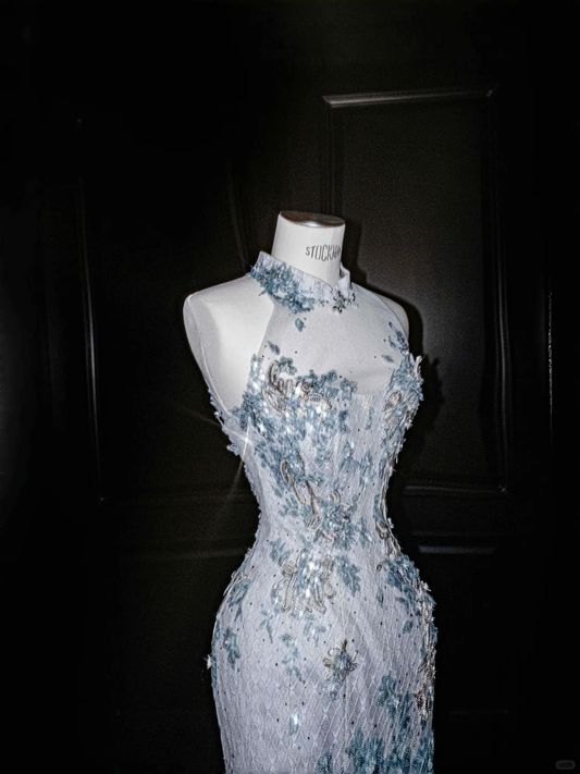 Blue Sleeveless Mermaid Beading Appliques Long Evening Dress Birthday Outfits, DP5094