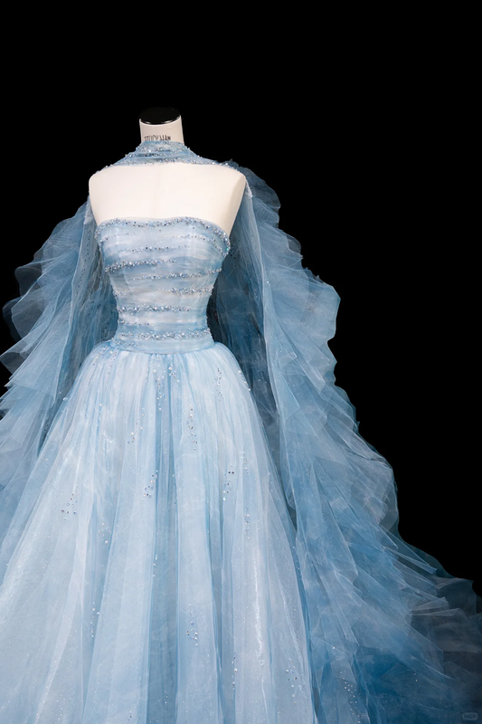 Gorgeous Blue Strapless A-Line Tulle Long Evening Dress Ball Gown Birthday Outfits, DP5099