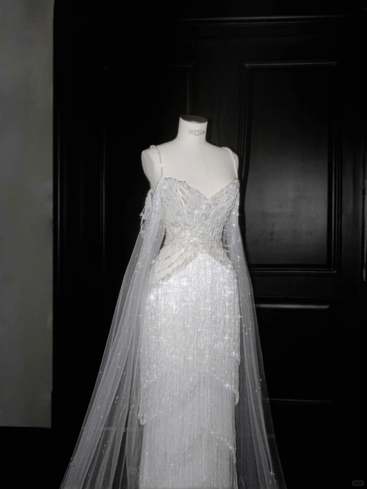 Superbe robe de soirée longue et brillante à bretelles style sirène, avec perles et pompons, DP5083