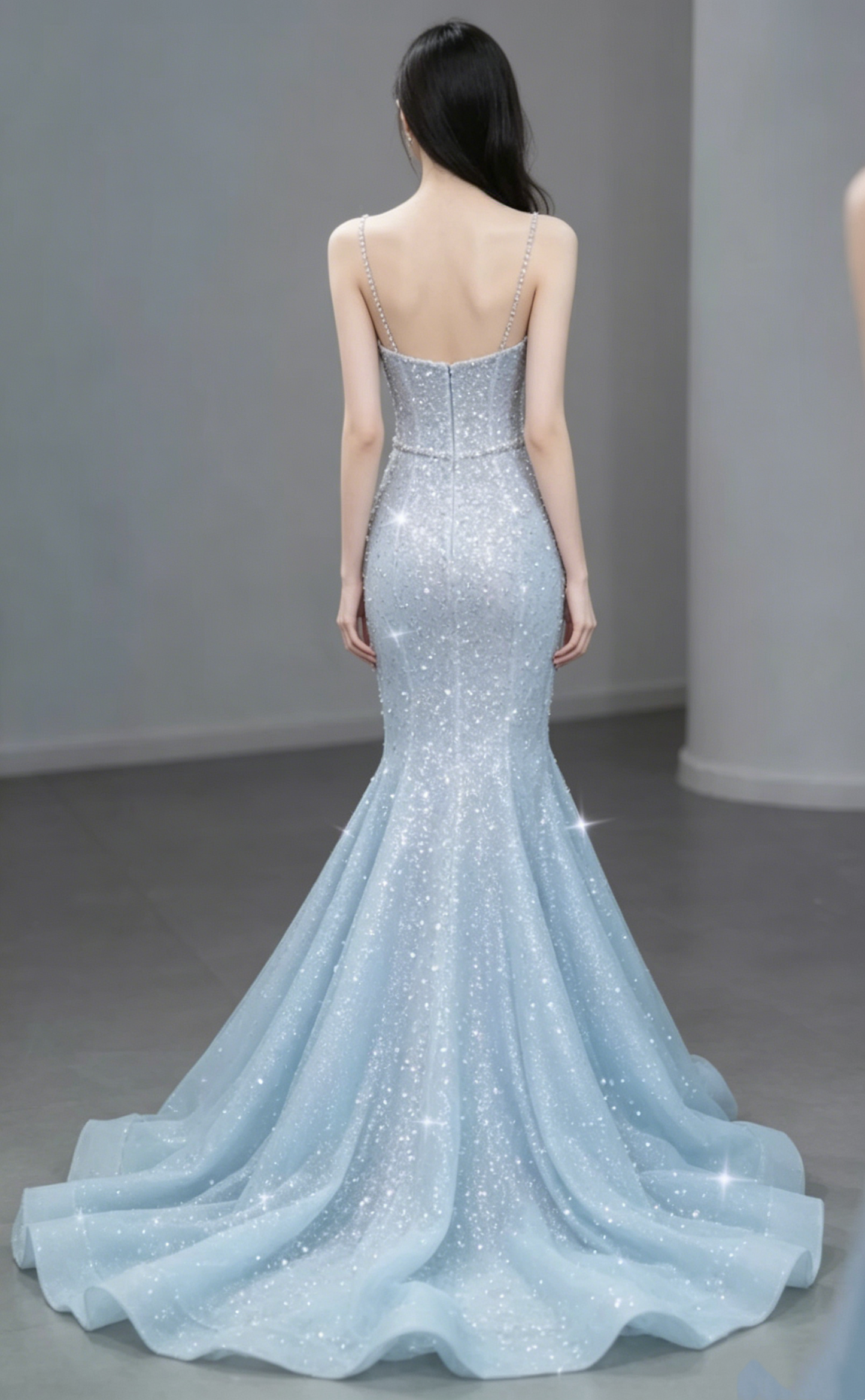 Vintage Light Blue Beaded Spaghetti Strap Mermaid Prom Dress DP8567