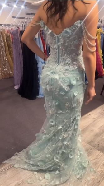 Elegant Sage Green 3D Floral Appliques Prom Dress Sweetheart Mermaid Off-the-shoulder Evening Gown DP7915
