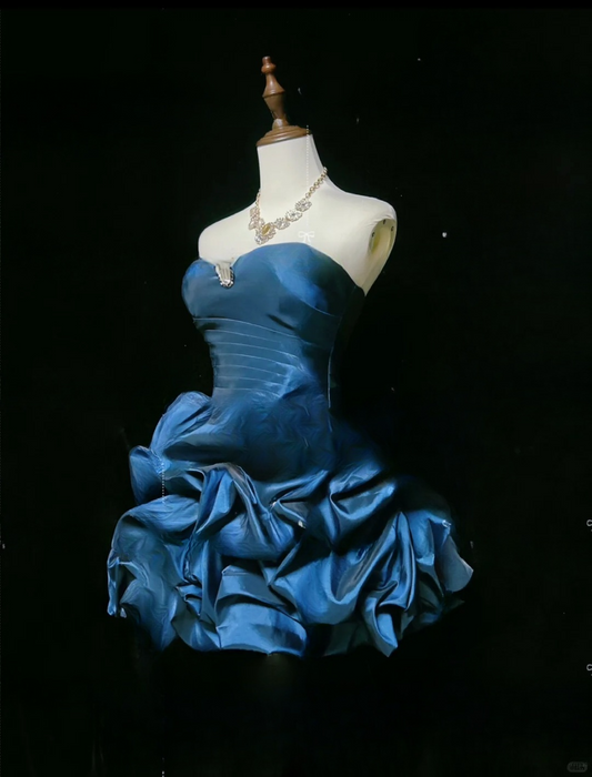 Chic Navy Blue Strapless A-Line Satin Ruffled Homecoming Dress Party Dress Cocktail Dress DP7106