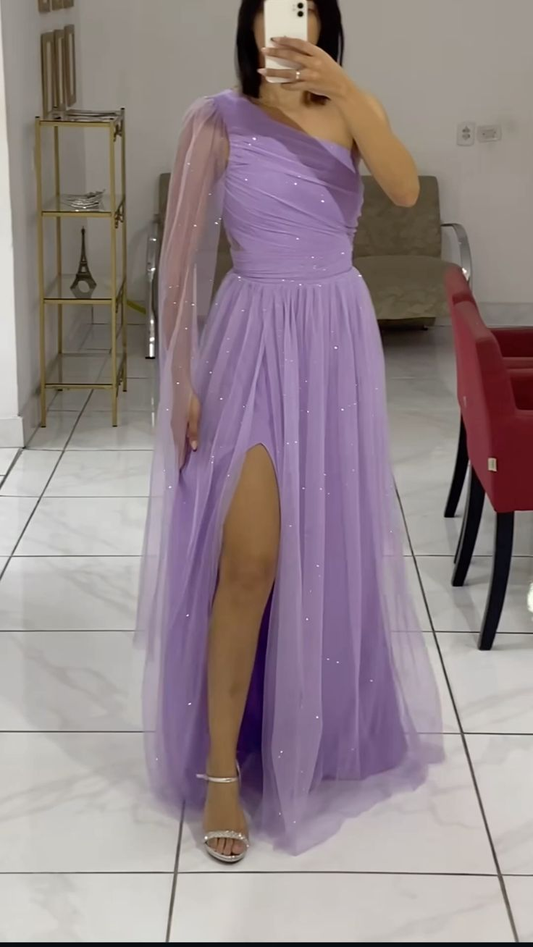 Robe de soirée longue violette claire asymétrique, coupe trapèze, DP3926