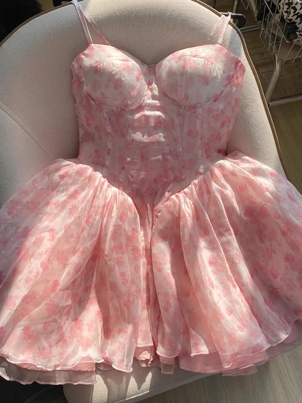 Fashion Pink Sweetheart Floral Spaghetti Strap Design A-line Chiffon Party Dress Homecoming Dress, DP5841