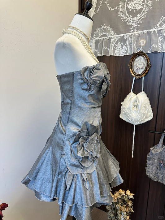 Chic Silver Strapless A-Line Floral Appliques Ruffled Homecoming Dress Party Dress Cocktail Dress DP7104