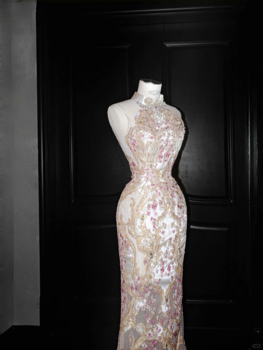 Gorgeous High Neck See-Through Beading Mermaid Long Evening Party Dress, DP5084