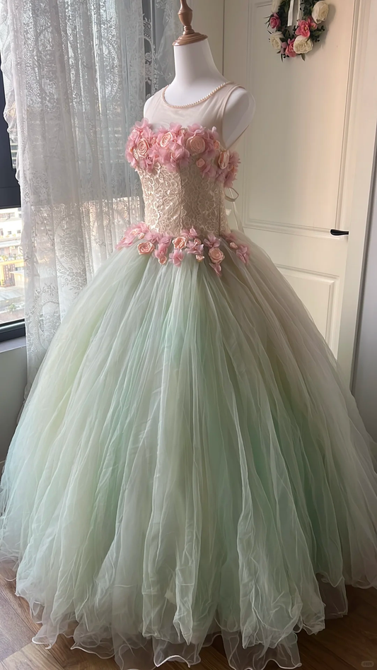 Chic Mint Green Tulle Pink 3D Floral Lace Bodice Sleeveless Sweet 16 Quinceanera Ball Gown DP7364