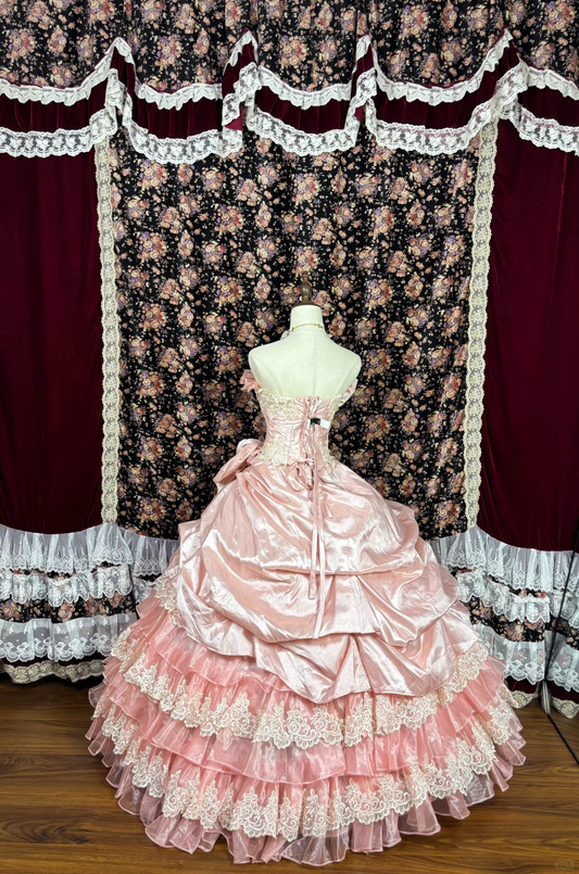Vintage Pink Lace Satin Quinceanera A-Line Tiered Dress Evening Ball Gown DP6270