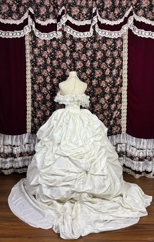 Glamorous Ivory Off-the-Shoulder Ruffled Layered Satin Wedding Dress DP7347