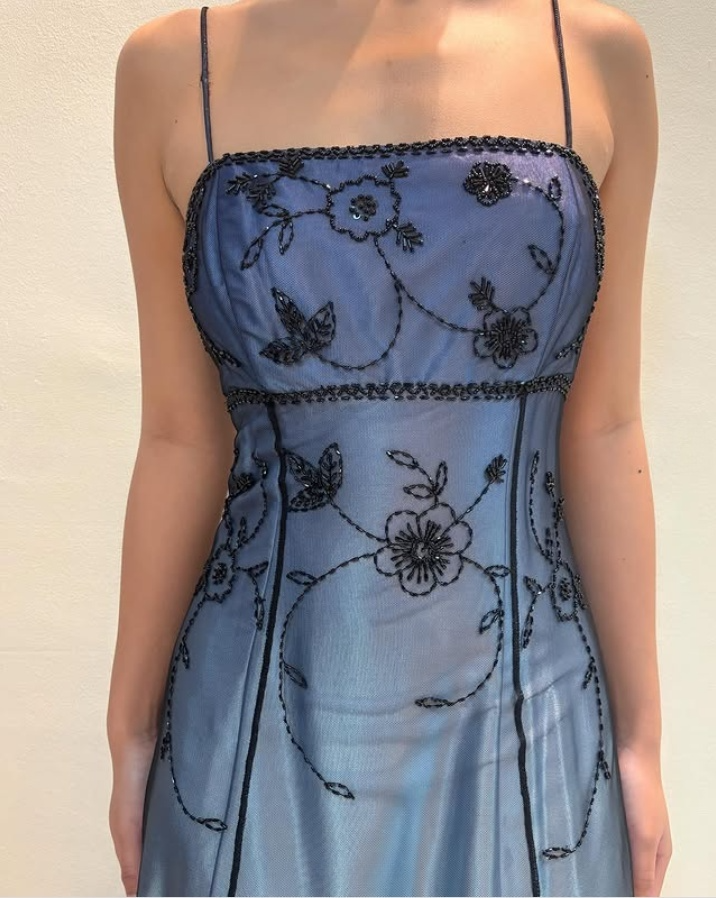 Elegant Blue Spaghetti Straps A-Line Vintage Long Party Dress, DP3990
