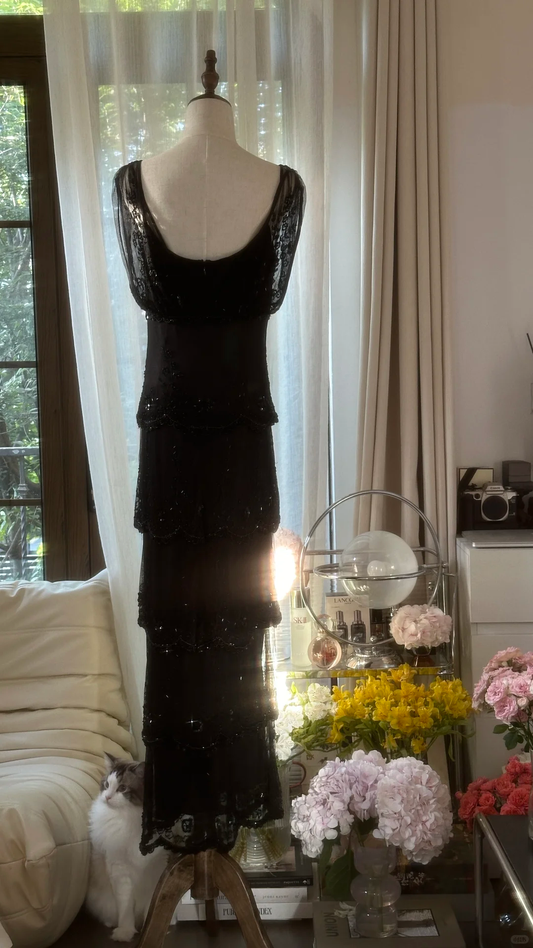 Vintage Black Applique Elegant Design A-line Romantic Chiffon Evening Dress Prom Dress, DP5983