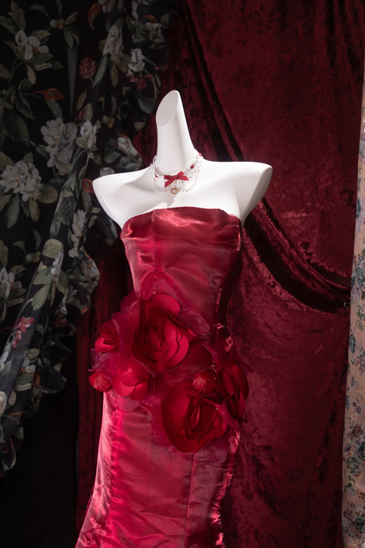 Vintage Red Strapless Mermaid Evening Gown 3D Rose Floral Appliques Prom Dress DP8338